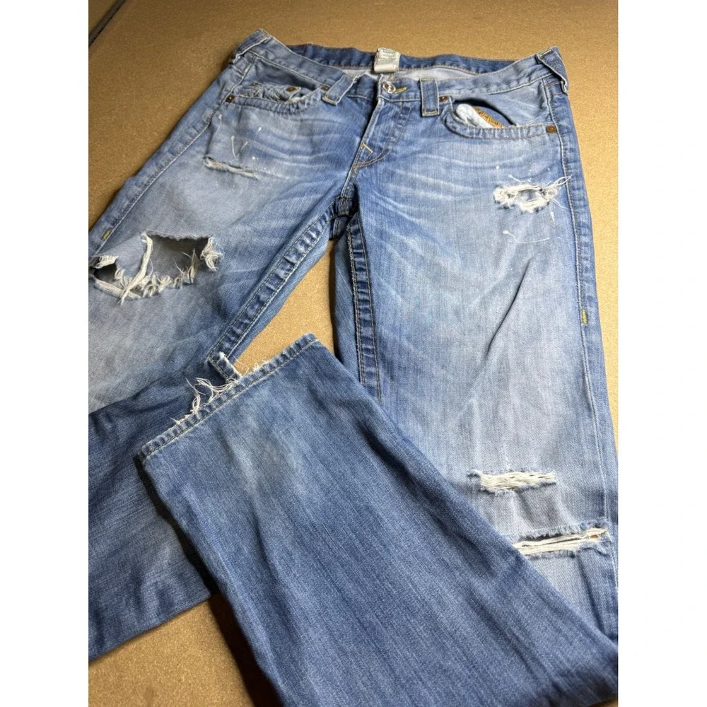 True Religion Drew Distressed Straight Leg Jeans Light Wash Blue Men Size 29 USA
